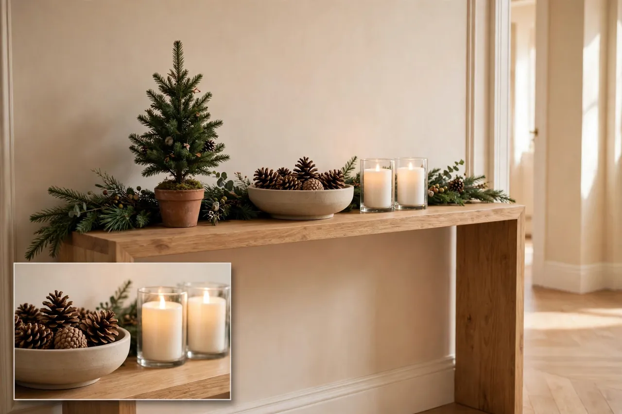 Shallow hallway console table with a single row of Christmas decor along the back edge: flat garland, small potted tree, pinecone bowl, and flameless candles, front half left empty