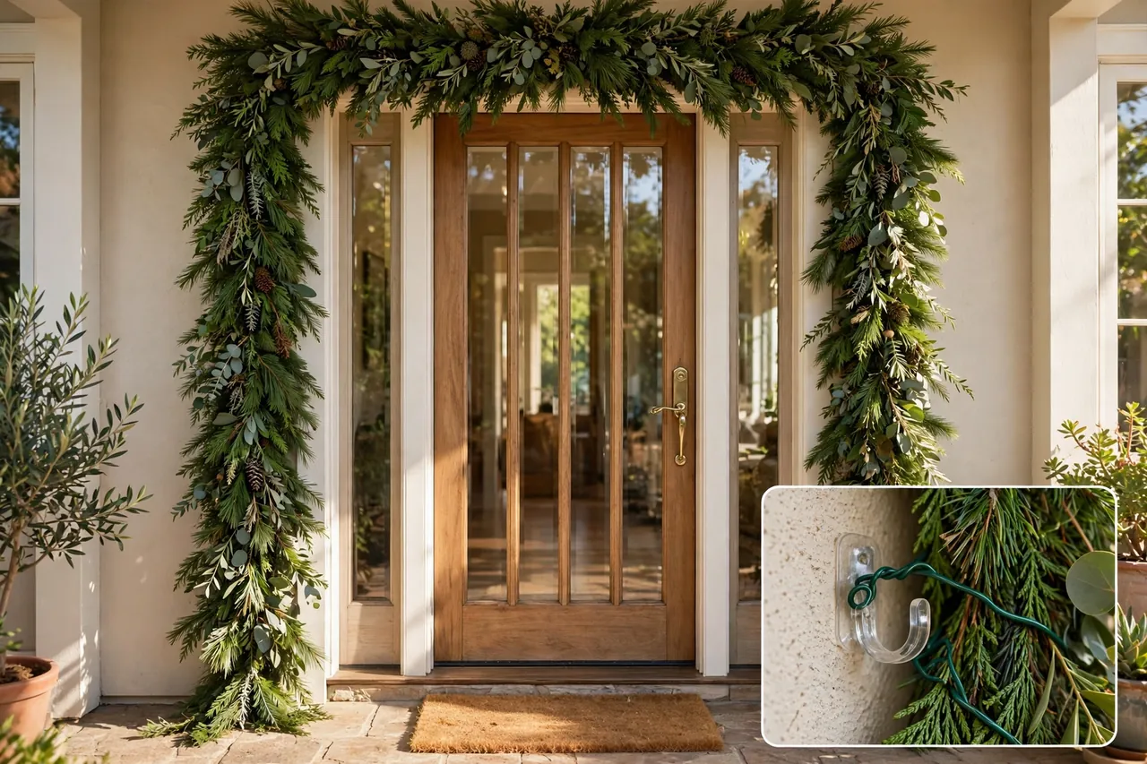 Lush evergreen garland framing a wooden front door across the top and down both sides, with a magnified inset showing a clear hook and green floral wire