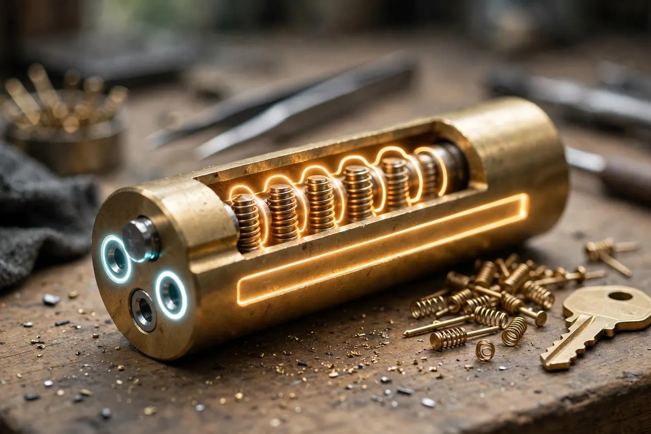 Cutaway of a high security lock cylinder showing shaped security pins, a sidebar, and hardened anti-drill inserts
