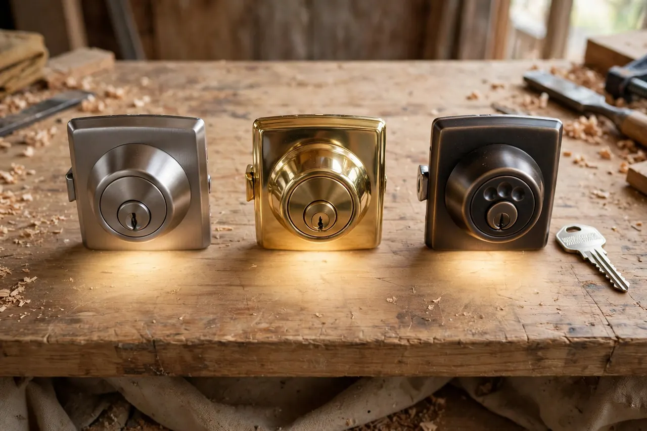 Three high security deadbolts in a row on a workbench, from a retail Grade 1 model to dealer-grade restricted-key models