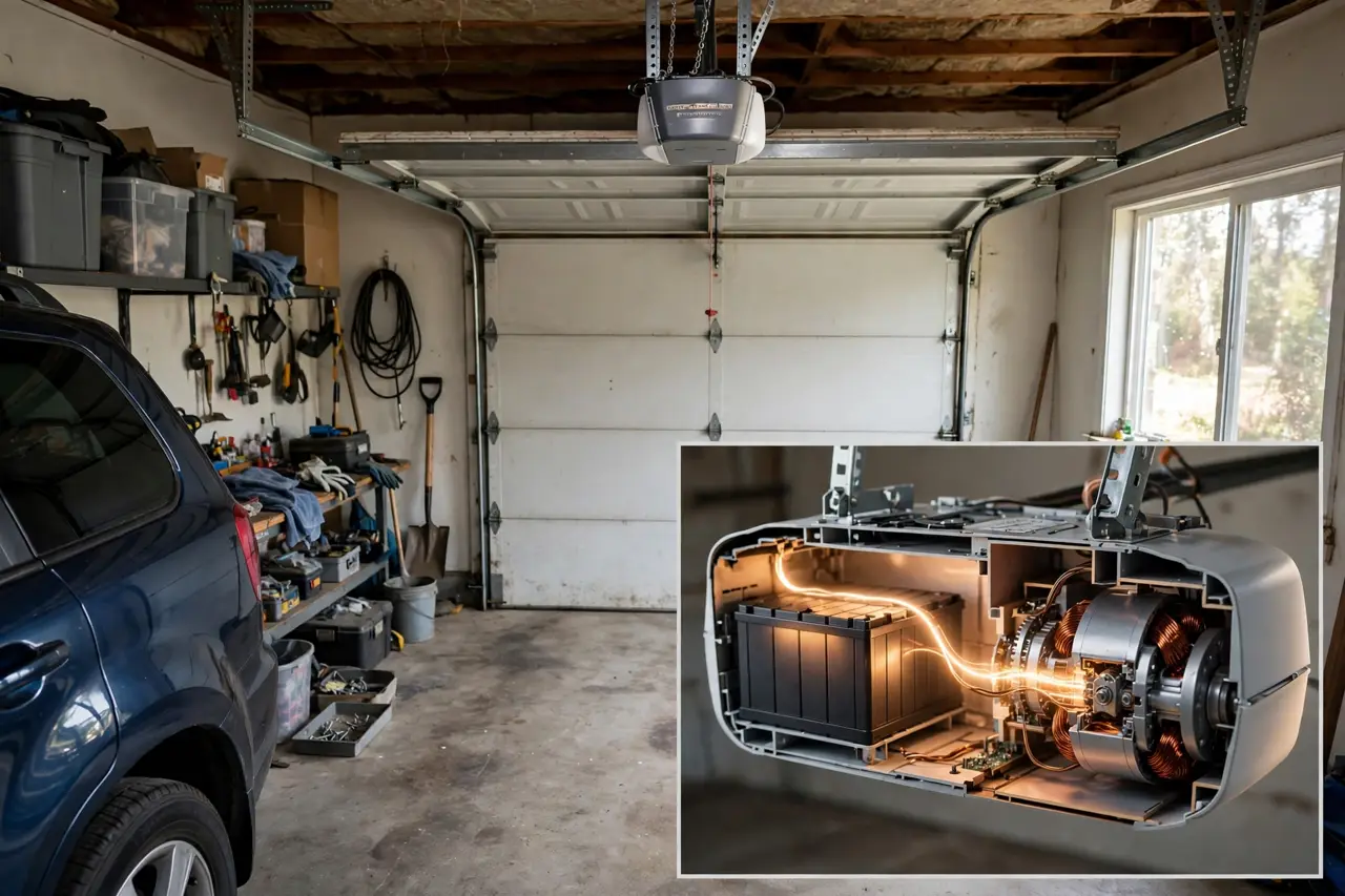 A garage door opener with a cutaway inset of the battery pack inside its housing and a glow path to the motor