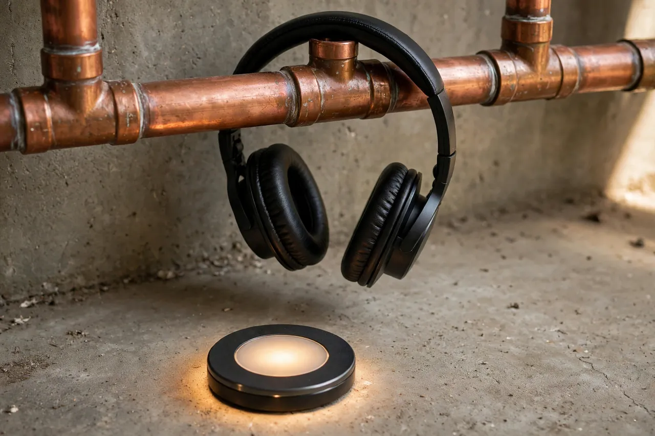 Black listening headphones draped over a copper pipe with a glowing round listening sensor disc on the concrete floor below