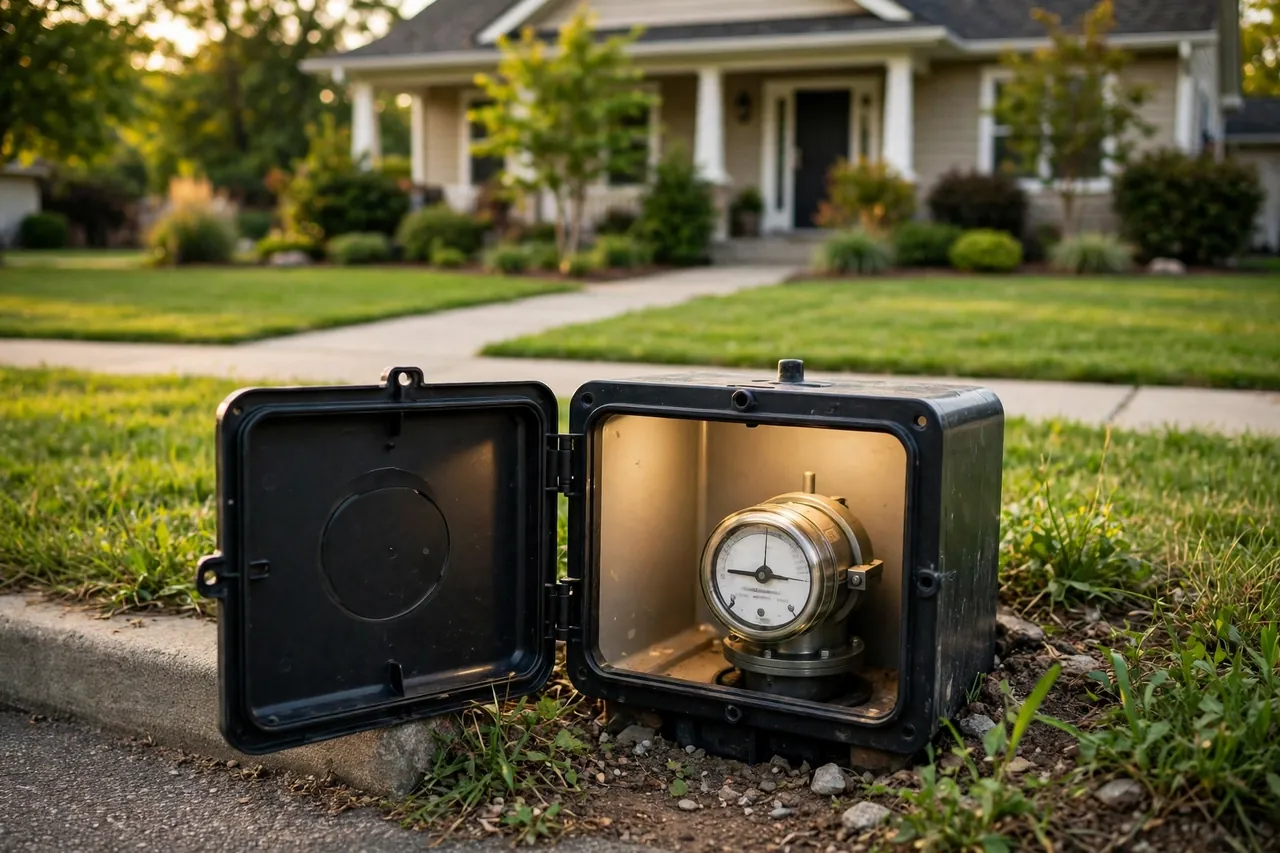 Open above-ground water meter box at the curb in front of a house, with the meter visible inside