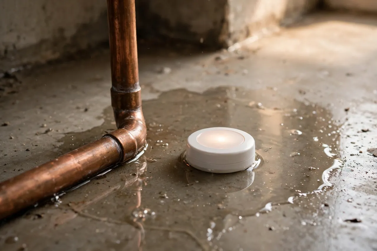 White spot leak sensor puck sitting in a thin sheen of water on a concrete floor beside a copper pipe
