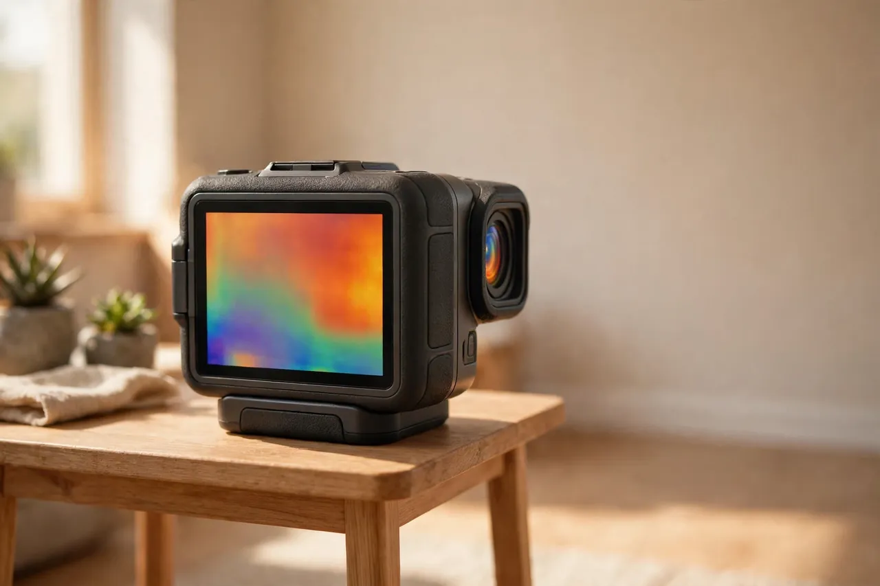 Thermal imaging camera on a wooden table, its screen showing a heat-gradient image with no numbers or scale
