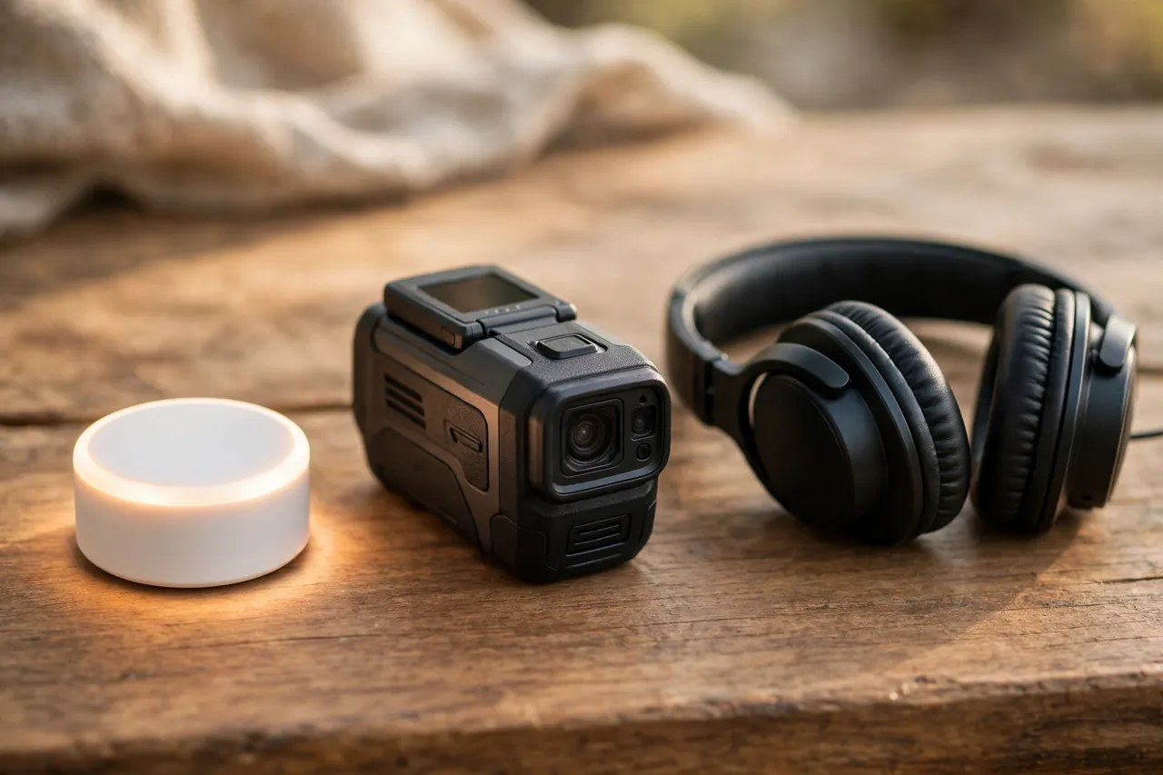 Leak detection tools in a row on a wooden table: a glowing white sensor puck, a thermal imaging camera, and black listening headphones