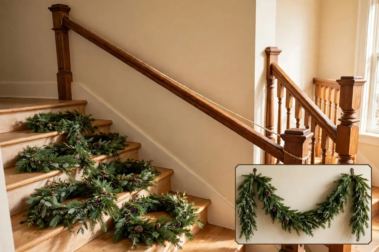 String measured along a sloped staircase banister with loose evergreen garland on the steps below