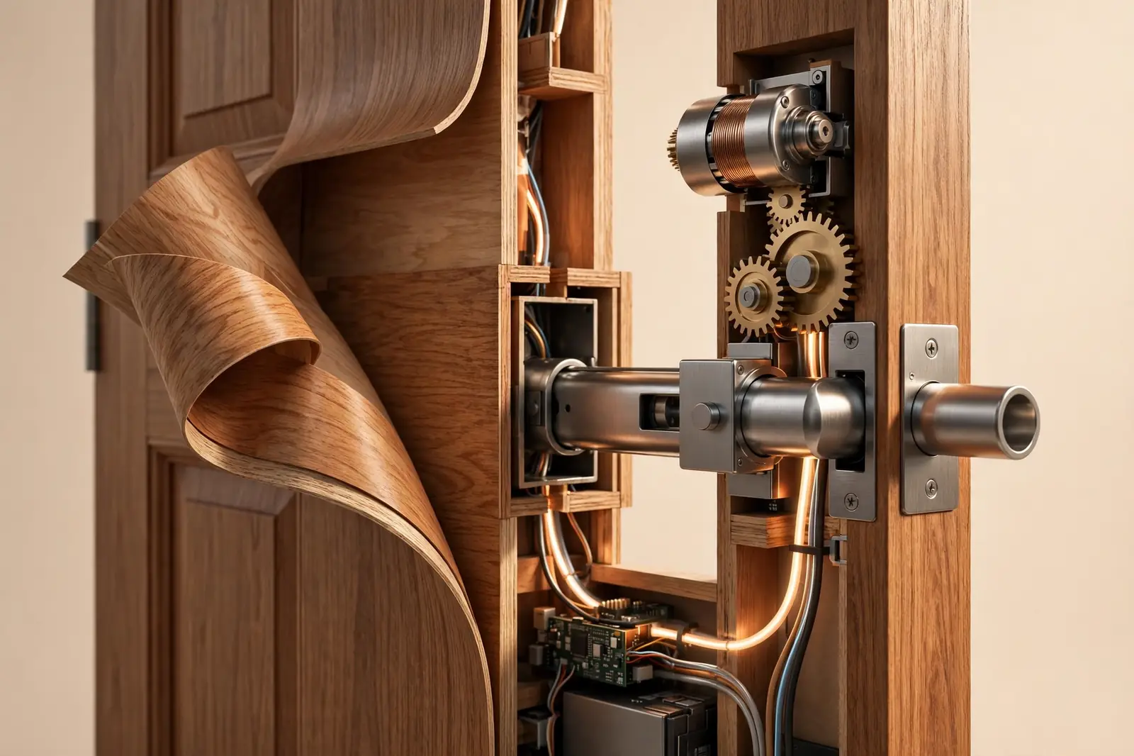 Cutaway of a door showing how a smart key lock motor drives the deadbolt into the frame