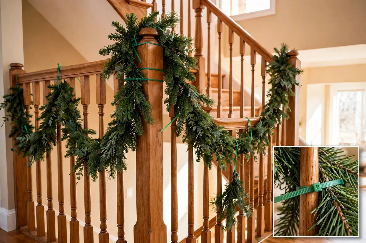 Evergreen garland anchored at a newel post and tied in swags down a wooden banister, with a close-up inset of a green tie around a spindle