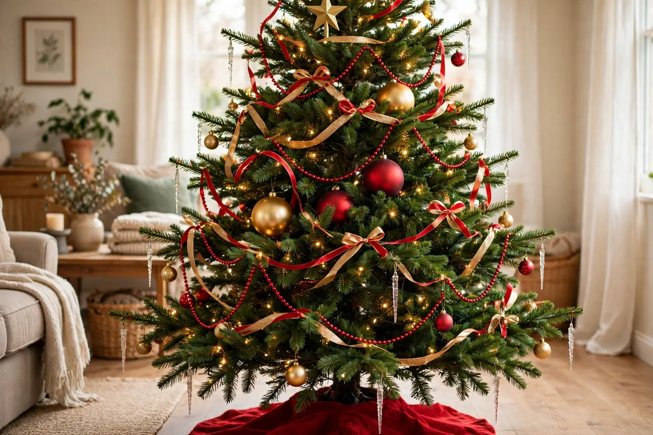 Fully layered classic Christmas tree with warm lights woven deep inside, red beaded garland, red and gold ribbon, large and small red and gold balls, icicles, a gold star topper and a red tree skirt