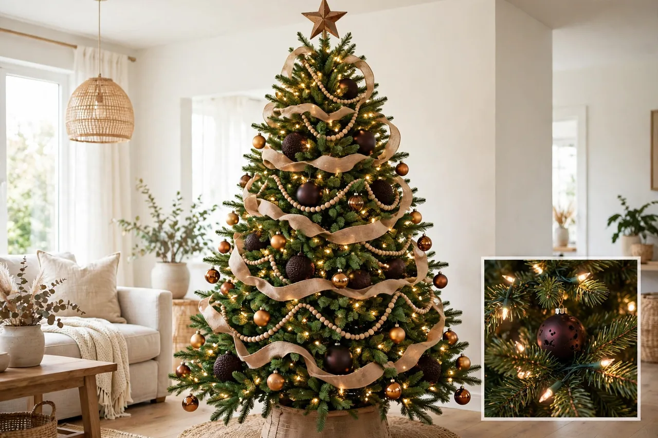 Fully layered brown Christmas tree with wooden star topper, warm lights deep in the branches, dark chocolate ornaments, burlap ribbon loops, wood bead garland and copper ornaments on the tips