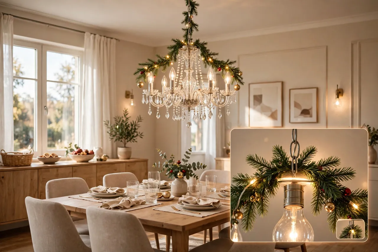 Crystal chandelier dressed lightly with green garland around its top and chain, small ornaments and warm lights above a dining table