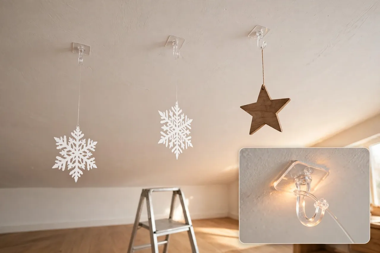 Paper snowflakes and a wooden star hanging from a white ceiling on clear fishing line from adhesive hooks, with a step ladder below and a magnified hook inset