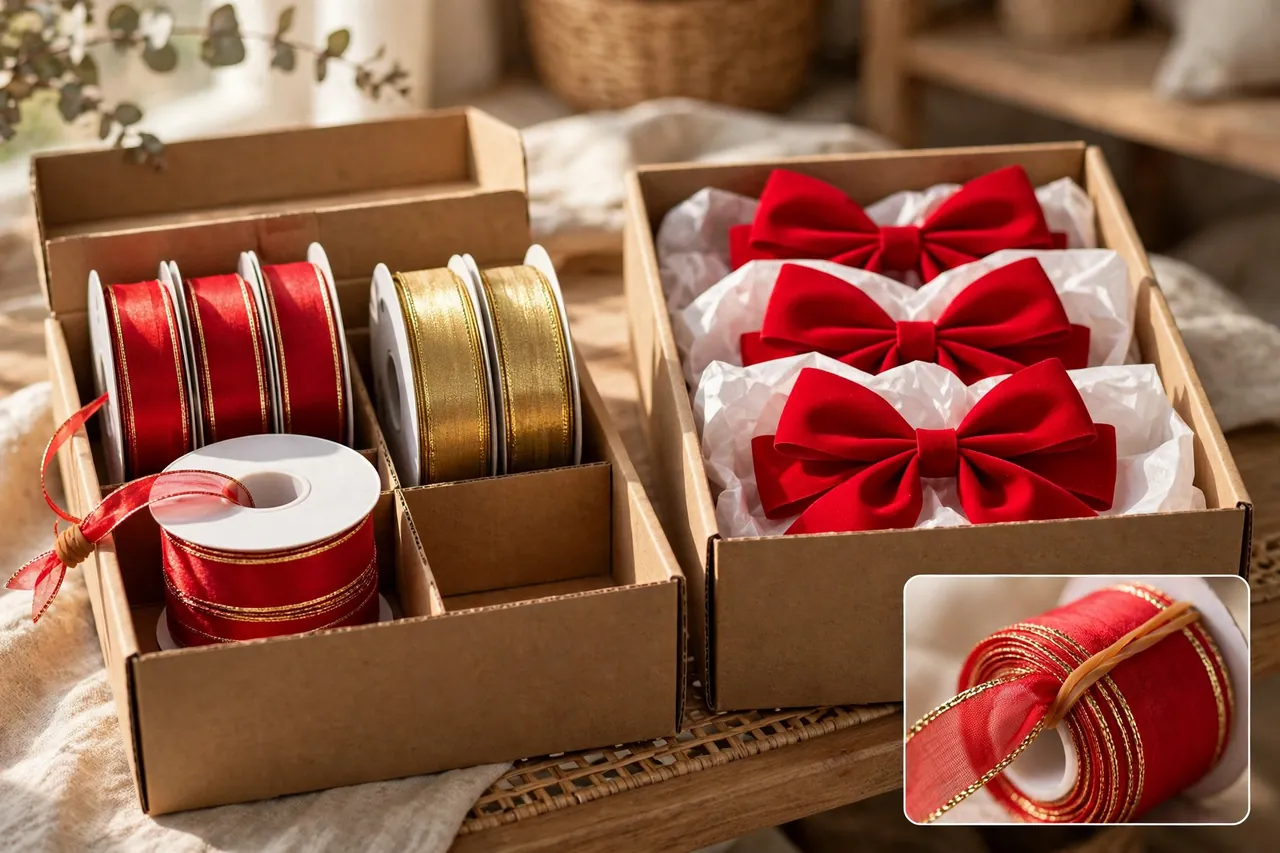 Red and gold ribbon spools standing upright in a box beside a box of finished red bows layered with white tissue paper
