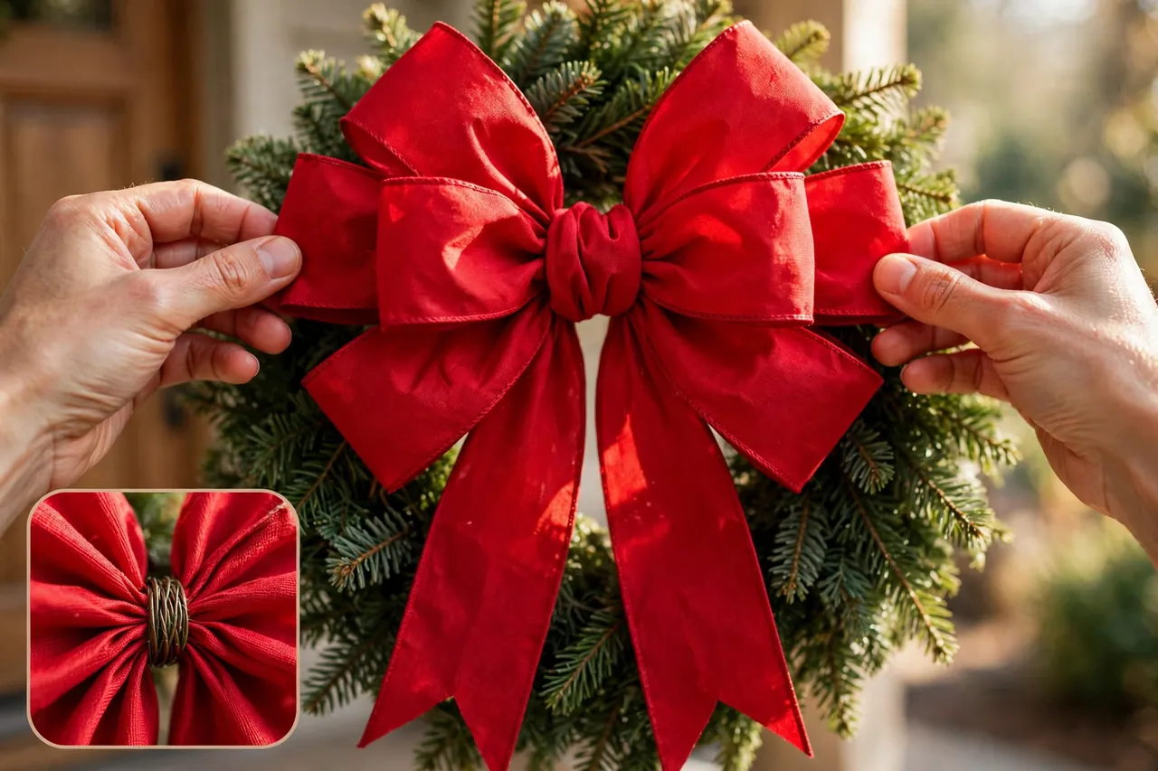 Two hands fluffing a large red wired wreath bow with long V-cut tails in front of a green evergreen wreath