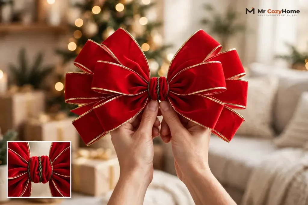 Two hands holding a full red wired Christmas loop bow with a magnified inset of its wire-wrapped center, in a bright Christmas living room