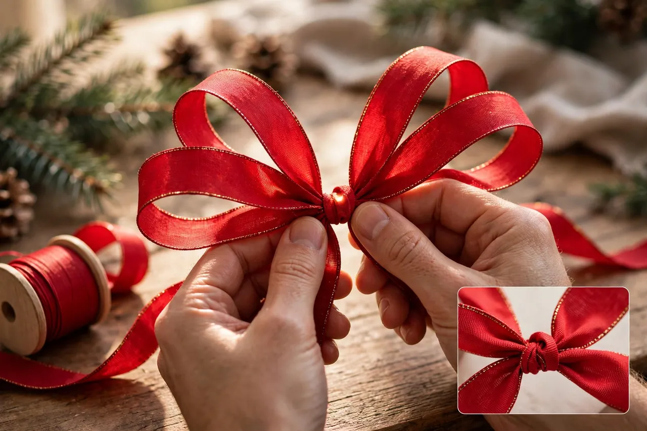 Two hands pinching the center of a red wired ribbon bow with even loops on each side and a ribbon spool on a wooden table