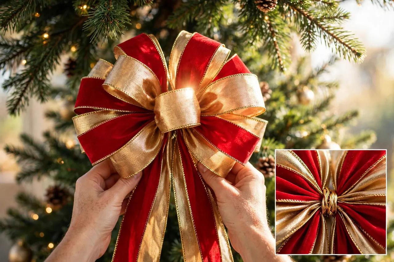 Two hands holding a large layered red and gold wired tree topper bow with long tails at the top of a Christmas tree