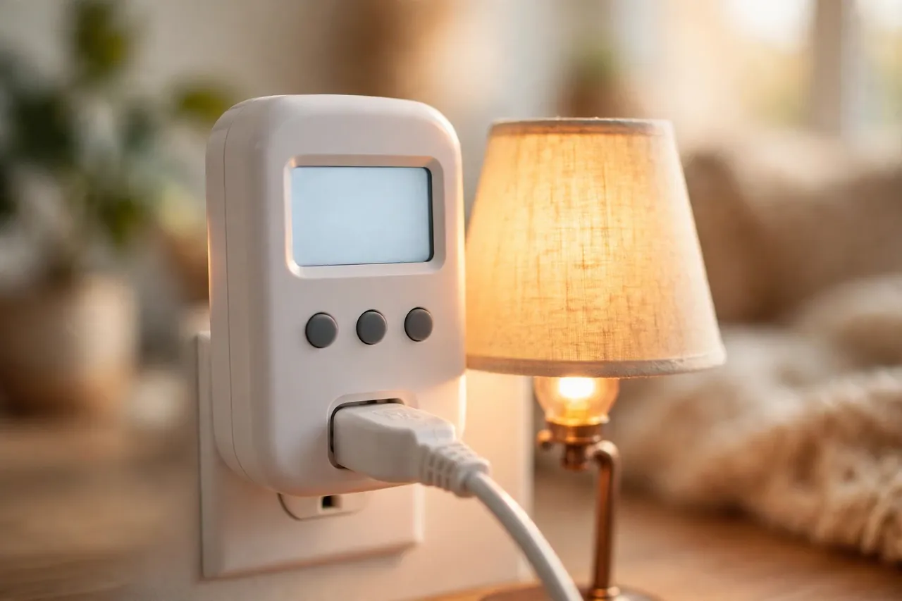 A digital timer plug with a blank softly glowing screen and three buttons, plugged into a wall outlet beside a glowing table lamp.