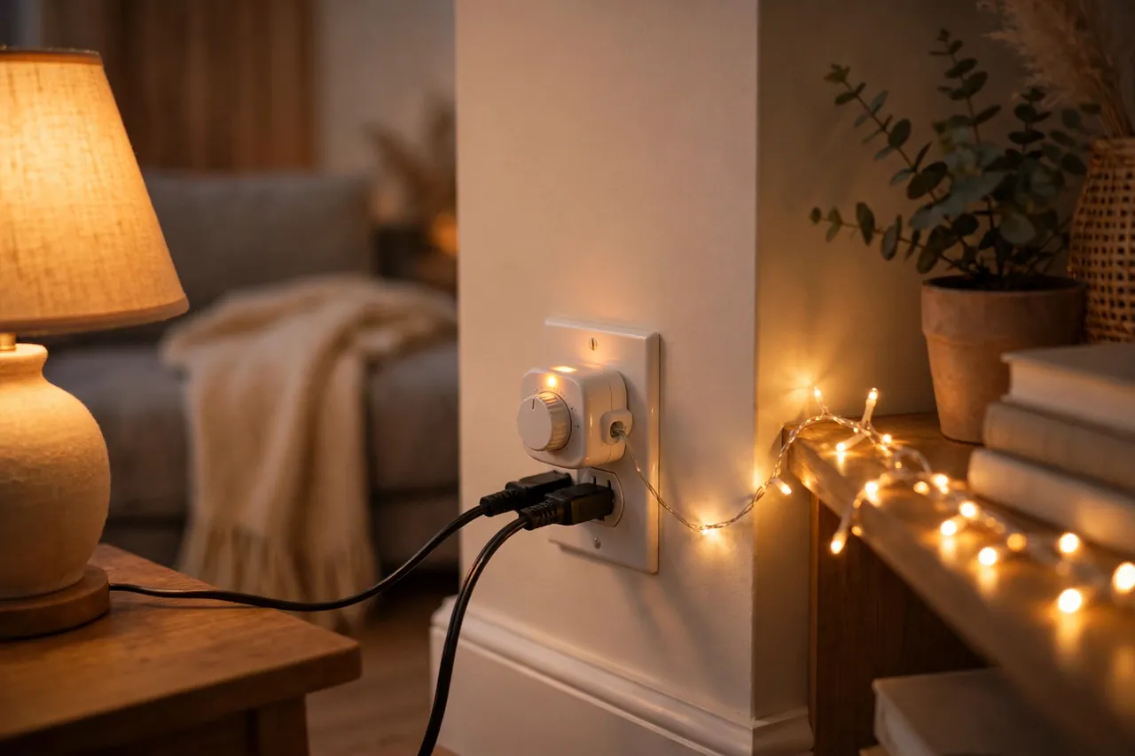 A timer plug in a wall outlet with a glowing table lamp and warm holiday string lights plugged in through it.