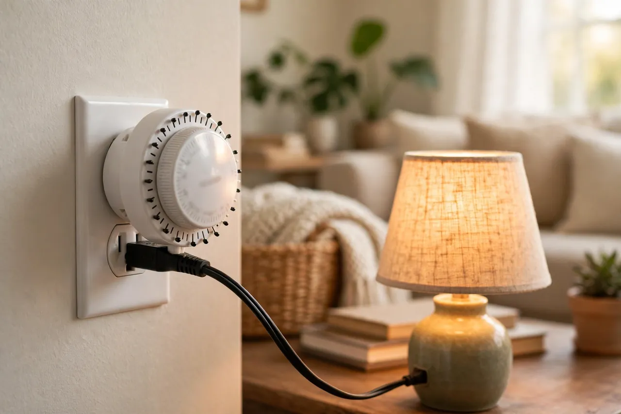 A mechanical dial timer plug with push pins around its dial, plugged into a wall outlet with a table lamp glowing beside it.