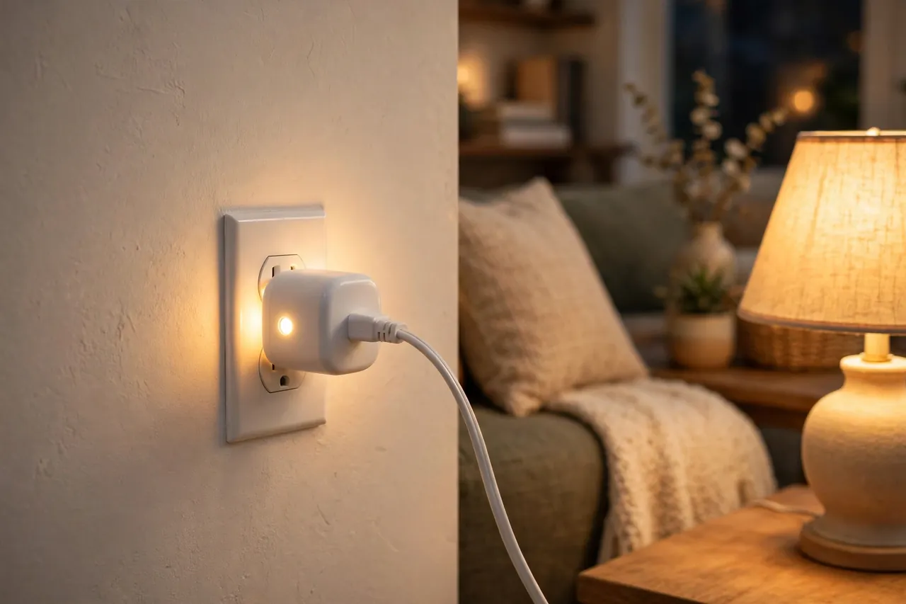 A small white timer plug with a glowing indicator light in a wall outlet, its table lamp switched on and glowing warmly.