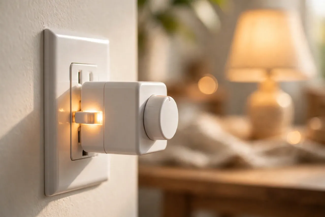 A close-up of a timer plug in a wall outlet with its side slide switch highlighted by a soft glow, a lamp softly lit in the background.
