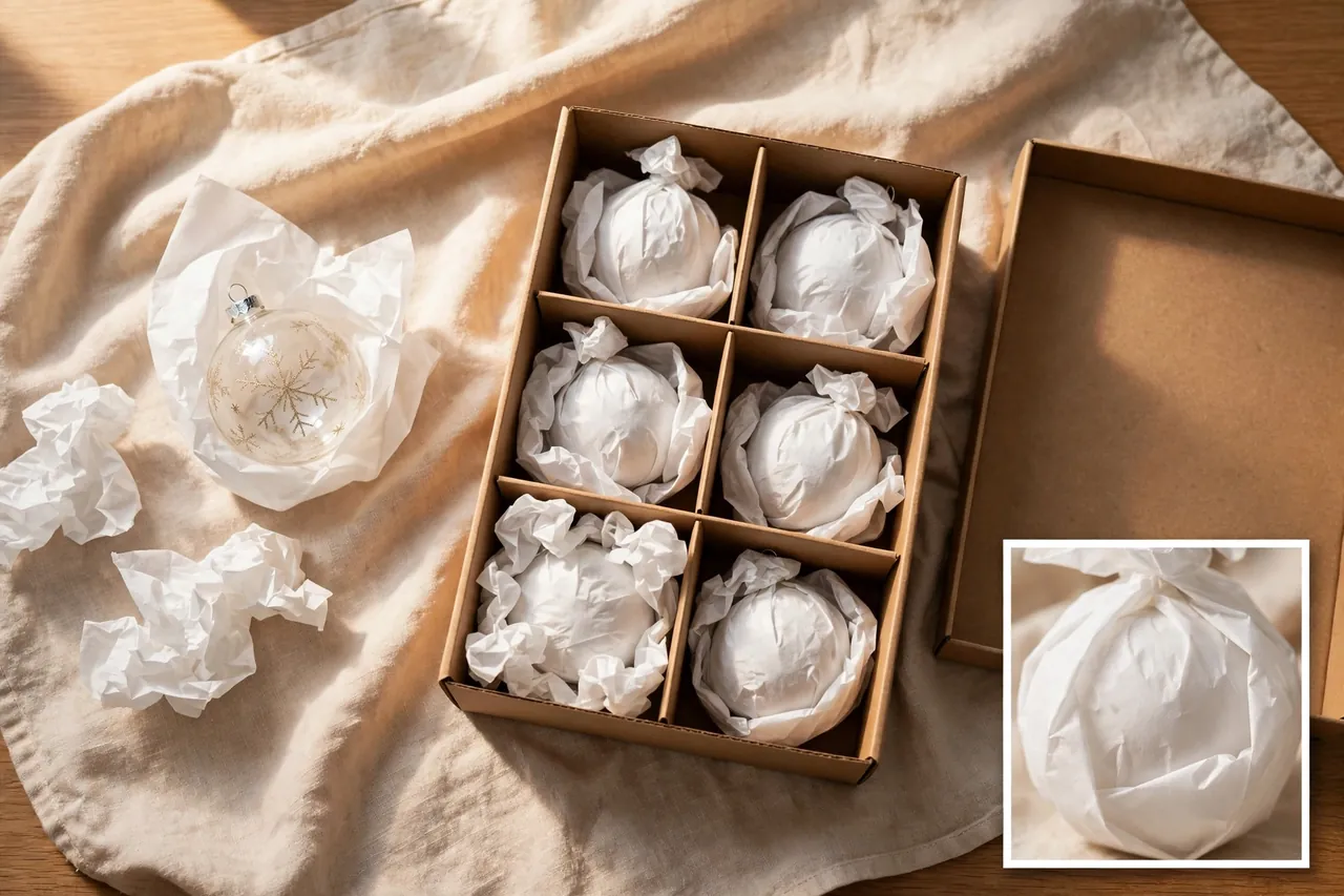 Christmas ornaments being wrapped in tissue paper on a soft towel and placed one per compartment in a divided box, with crumpled tissue filling the gaps