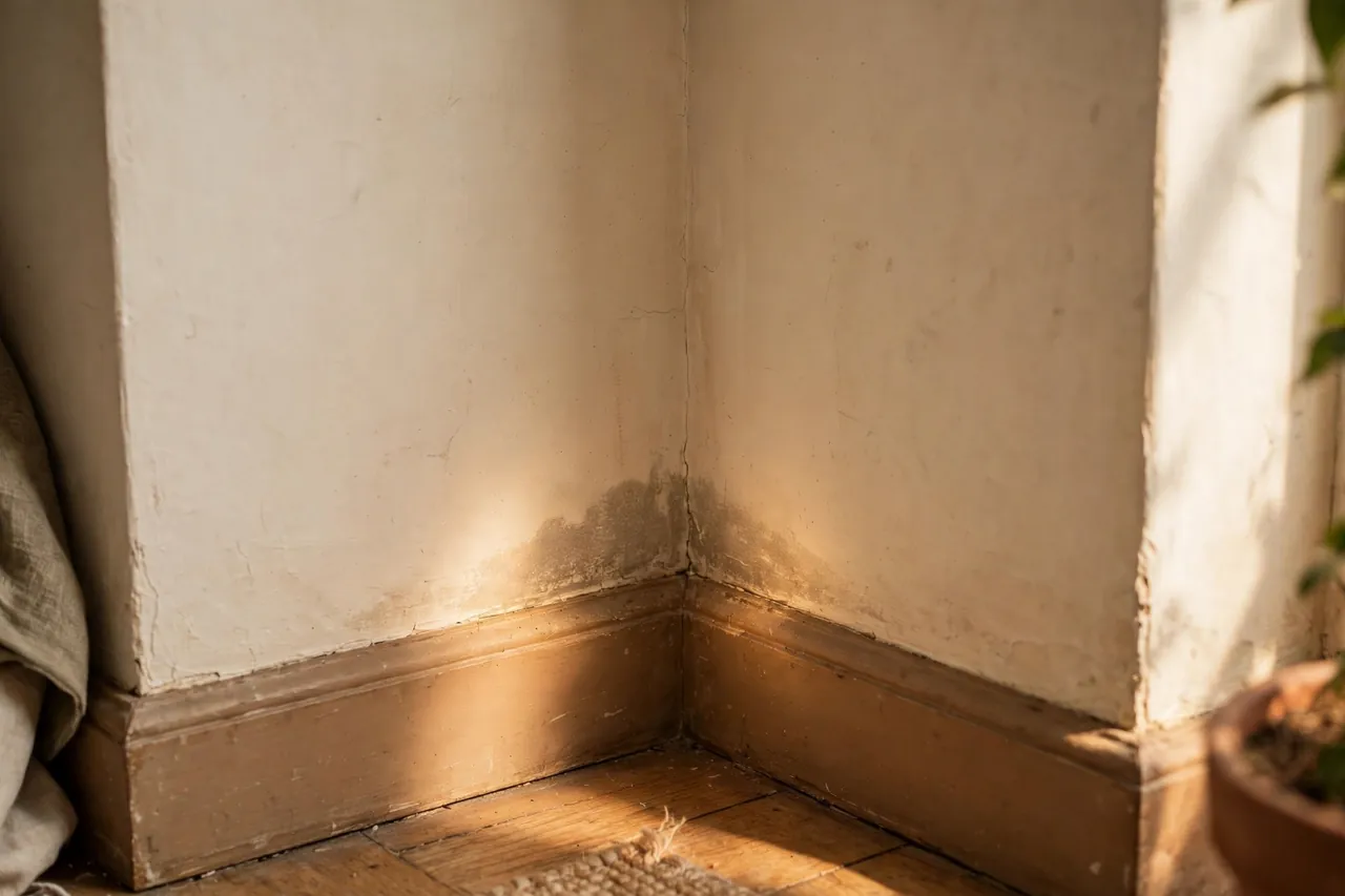 An interior wall corner with a subtle darker damp patch near the skirting board, lit by warm sunlight.