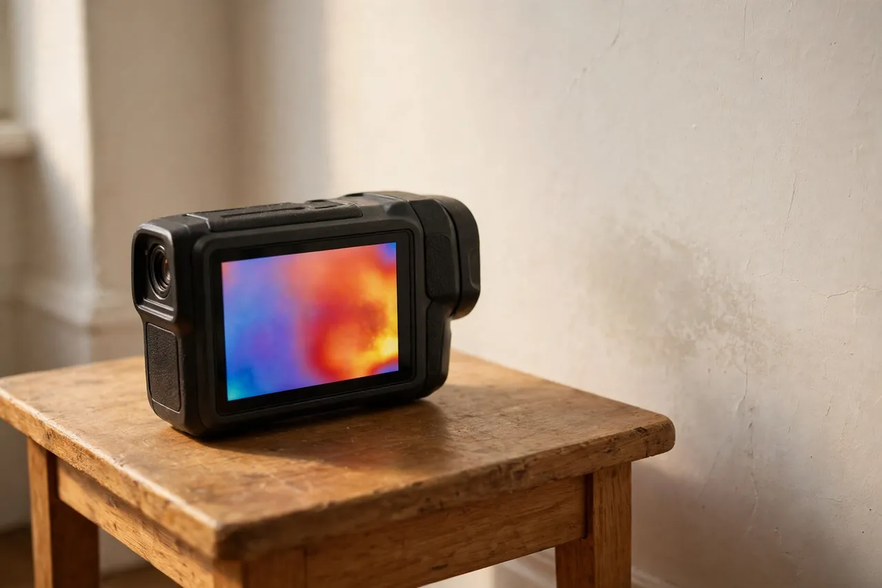 A handheld thermal imaging camera on a wooden table pointed at an interior wall, its screen showing a soft heat-gradient image with no numbers or scale bar.
