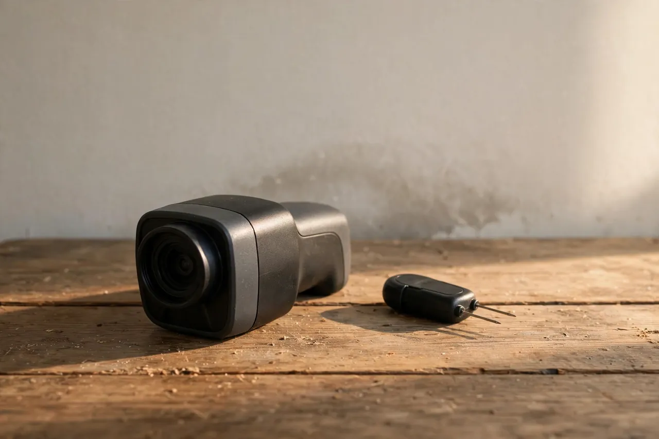 A thermal imaging camera and a small pin-type moisture meter lying side by side on a wooden table beside a wall with a faint damp patch.
