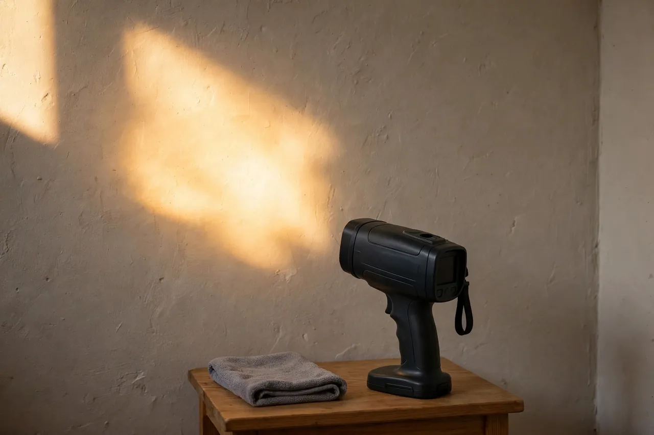 A thermal imaging camera standing on a small table pointed at a bright warm sun patch cast on an interior wall.