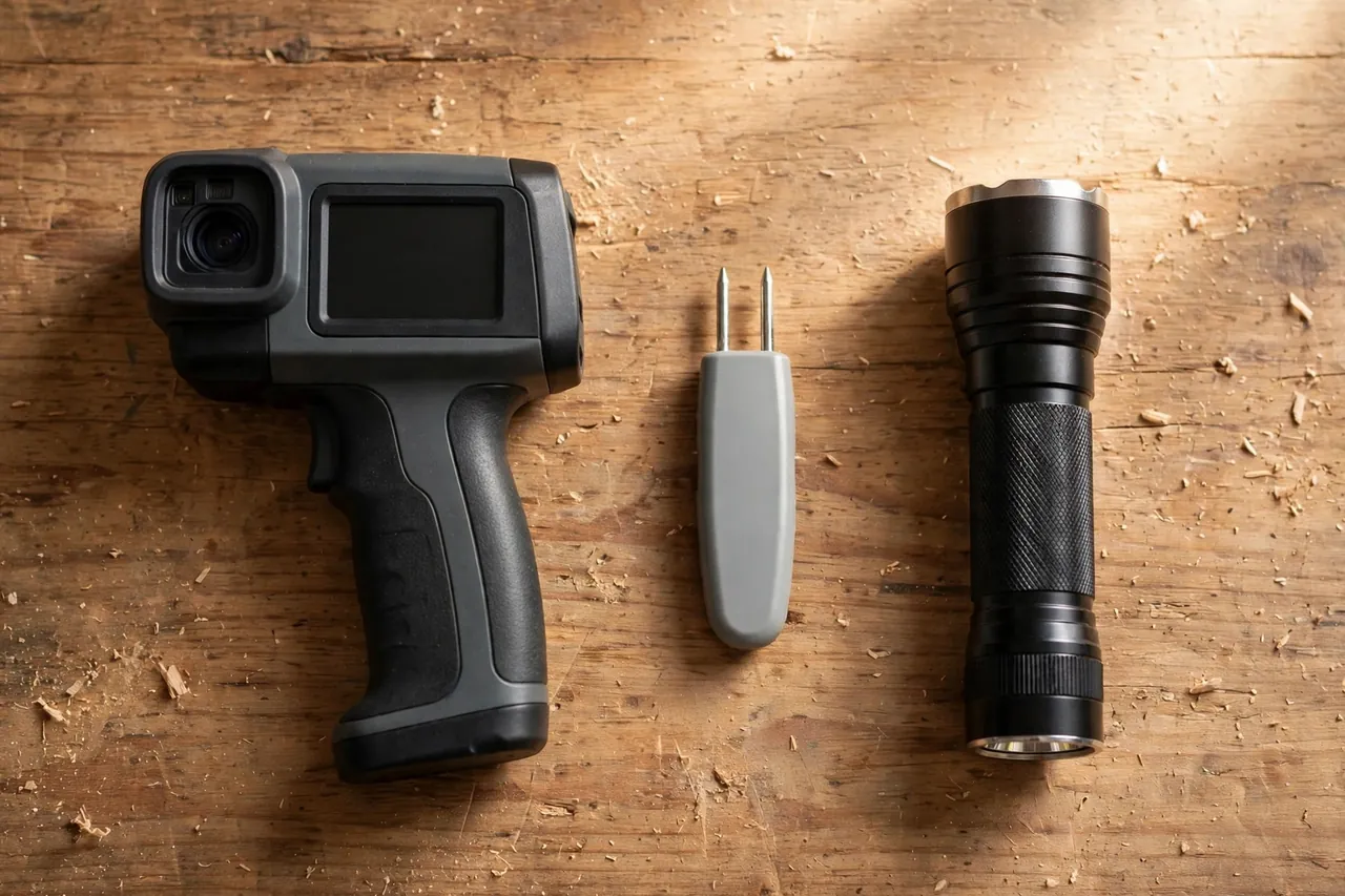 A flat-lay on a wooden workbench showing a thermal imaging camera, a small pin-type moisture meter, and a flashlight side by side.
