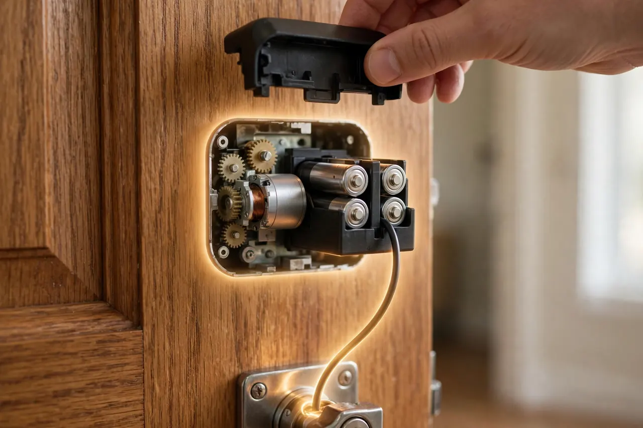 Inside a smart deadbolt: the motor, gears, battery pack, and the cable that routes under the bolt to the keypad