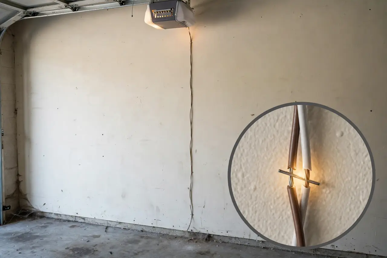 Sensor wire running up a garage wall with a magnified inset of a staple driven through its insulation
