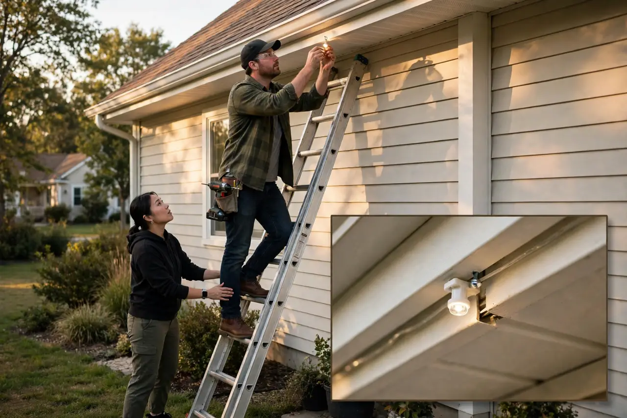 Homeowner on a ladder mounting a permanent light strand under an eave while a partner spots the ladder, with a close-up inset of the mounting clip