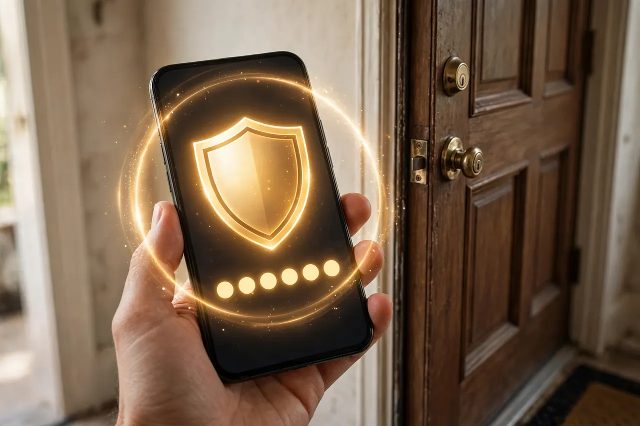 A phone showing a shield and a verification-code entry beside a locked front door: two-step sign-in protects the lock app account