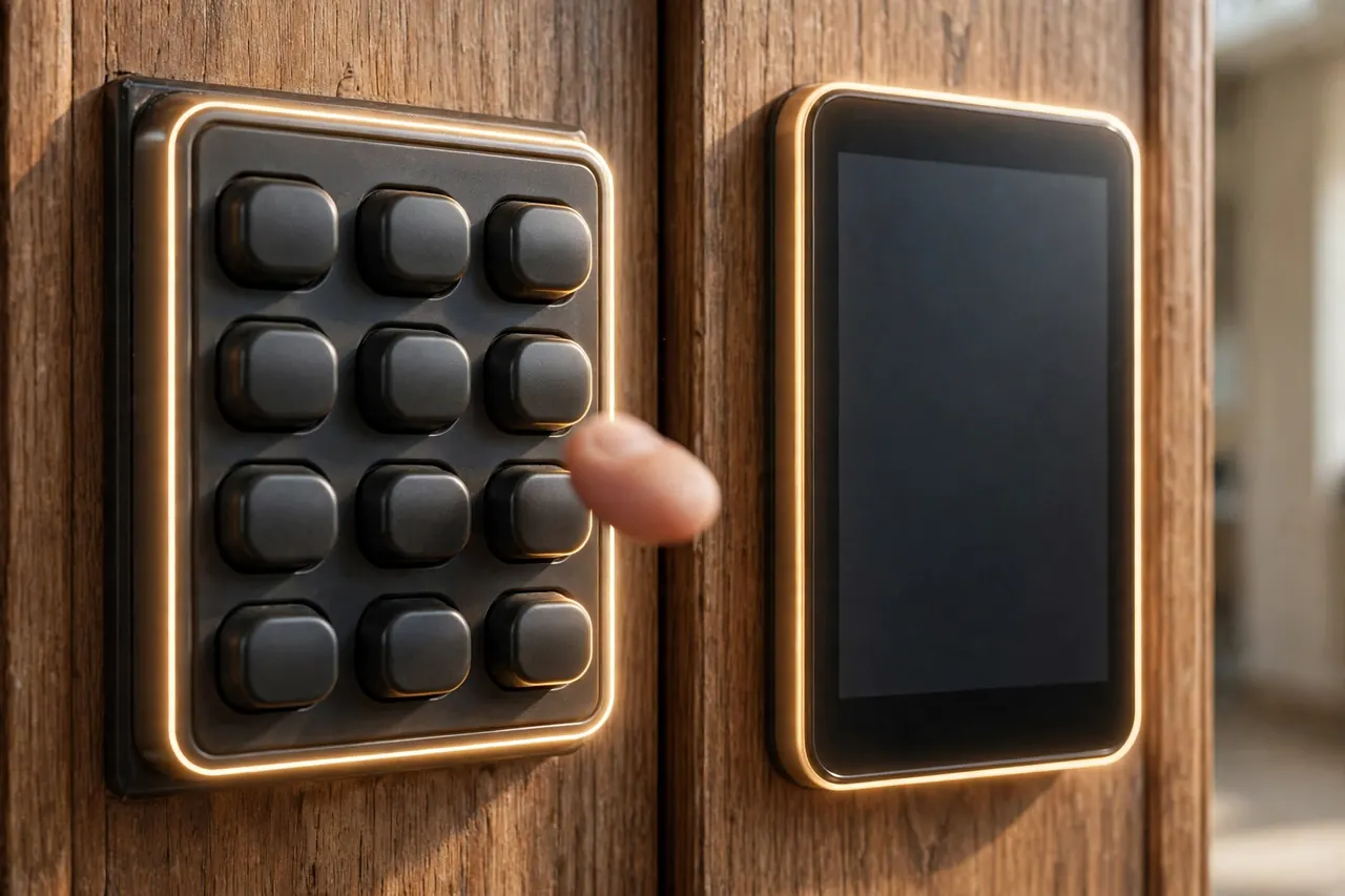A keypad with raised physical push buttons beside a smooth touchscreen keypad, both blank: the buttons or touchscreen choice