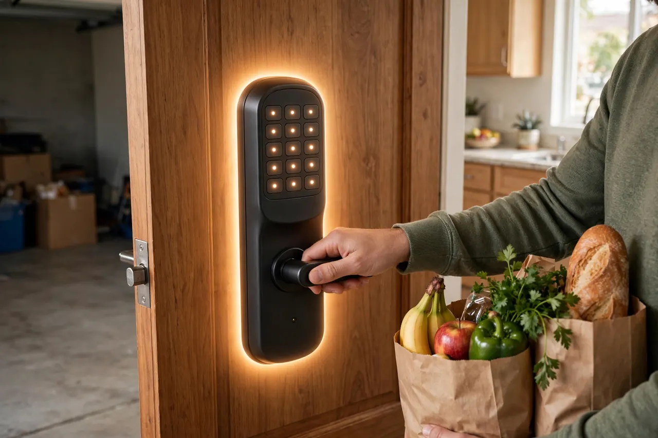 Opening an integrated keypad lever lock on the garage-to-kitchen door with one hand while carrying grocery bags