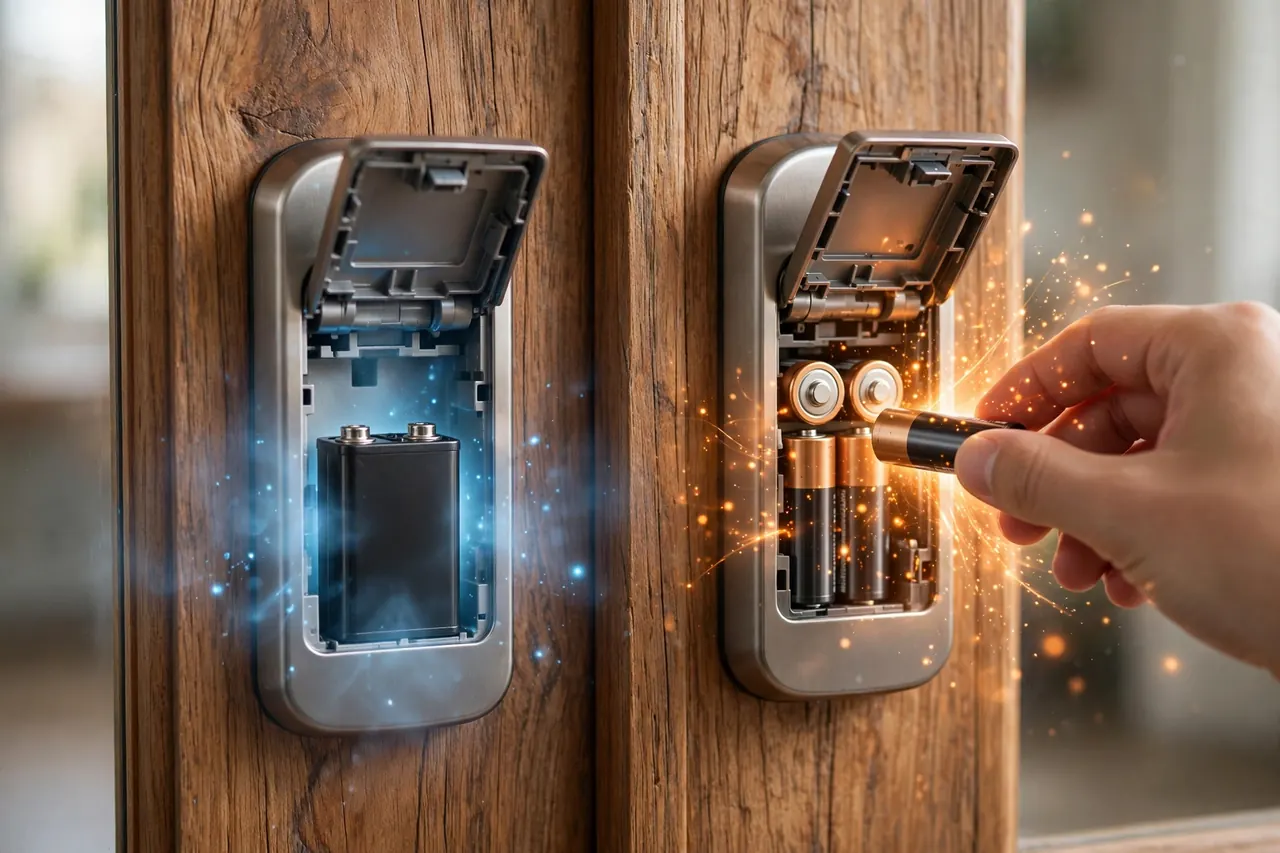 Inside two keypad locks: a single 9V battery in the simple lock and four AA batteries in the smart lock