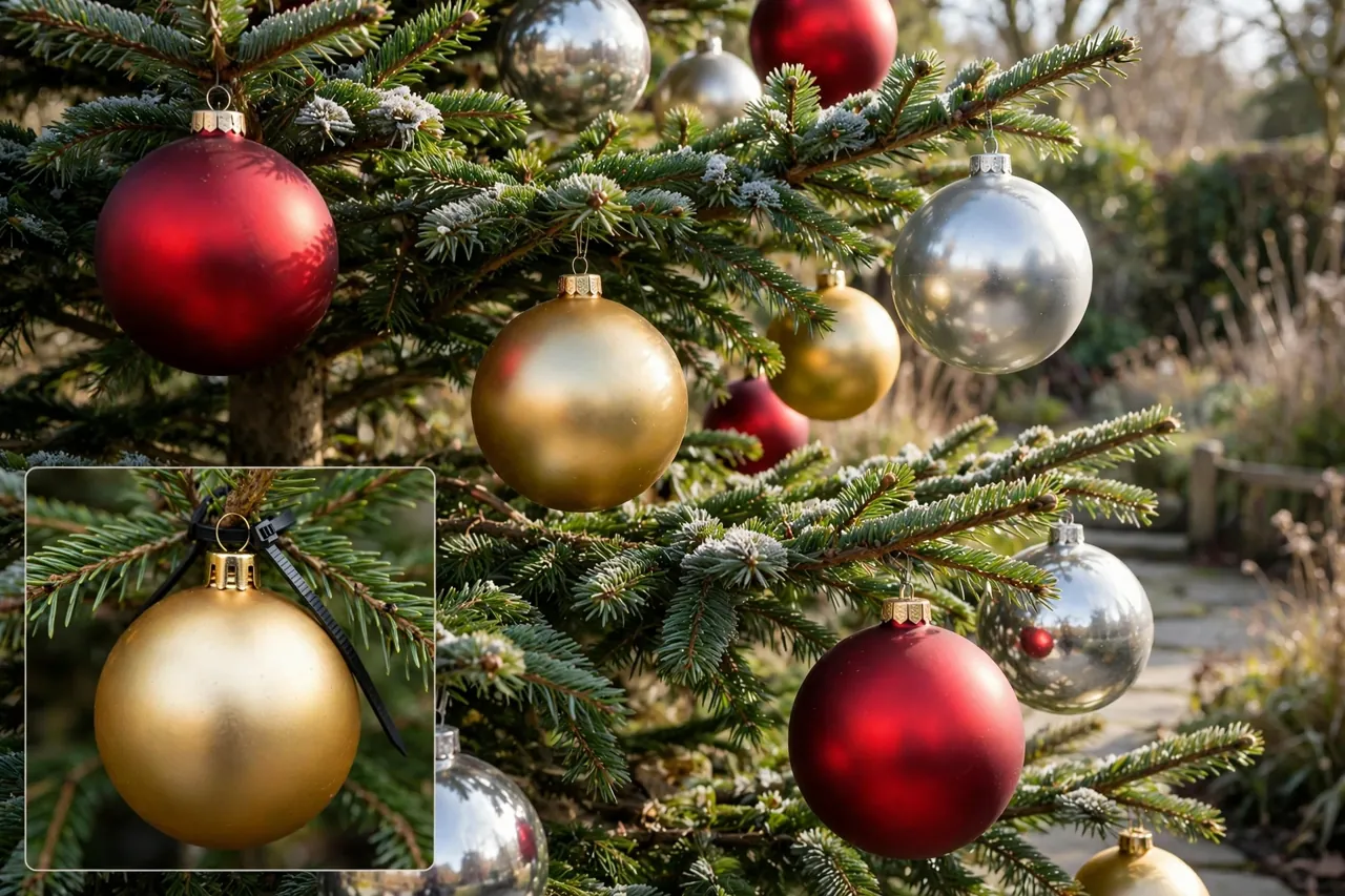 Large red, gold and silver shatterproof baubles on outdoor evergreen branches, with a close-up inset of a gold bauble fastened to a branch with a black zip tie