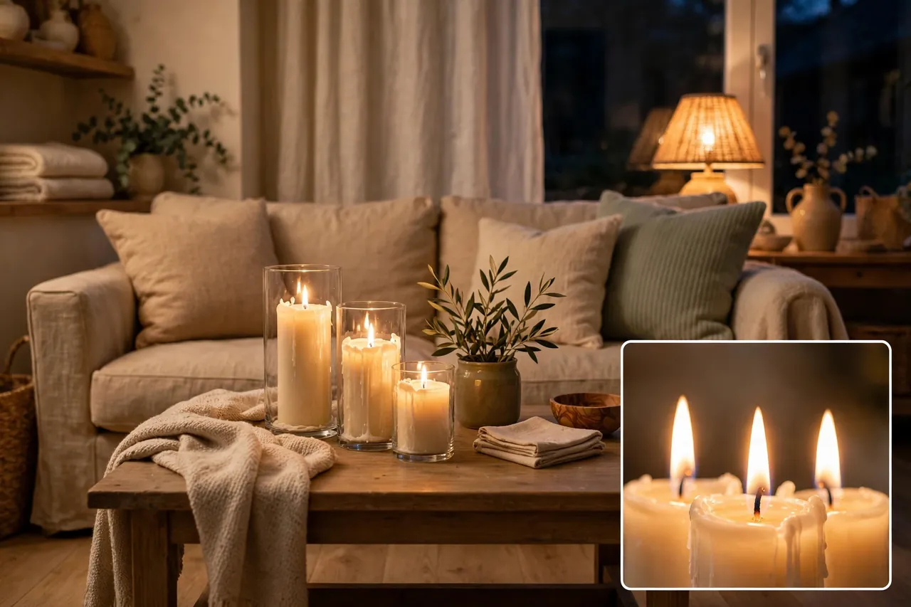 Three lit ivory candles at different heights in glass holders on a wooden coffee table in a warm evening living room, with a close-up inset of the three flames