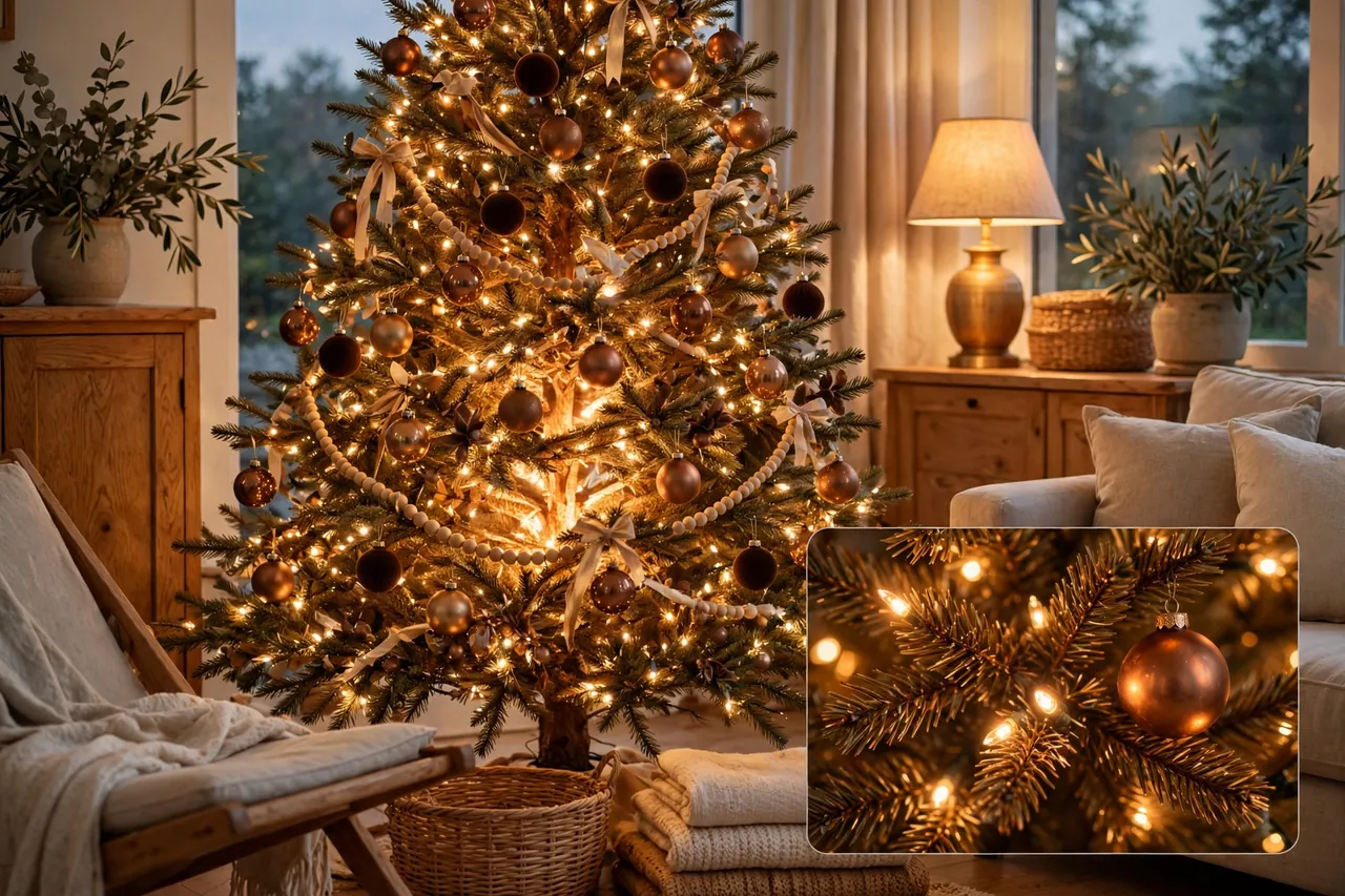 Brown Christmas tree glowing with abundant warm white lights woven deep inside, copper and caramel baubles catching the light beside a warm lamp