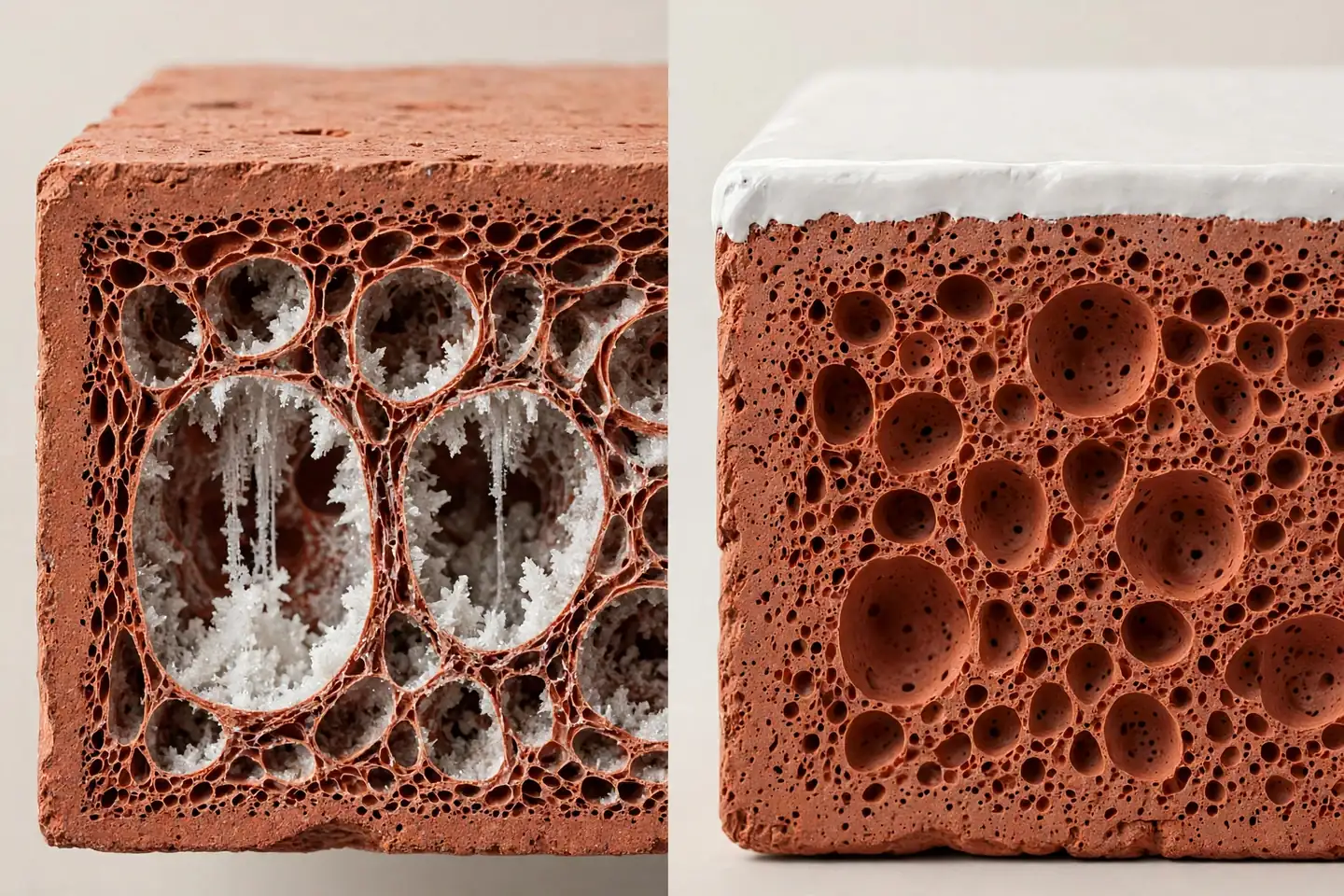 Magnified brick cross-section showing limewash soaking into the pores while whitewash forms a film on the surface