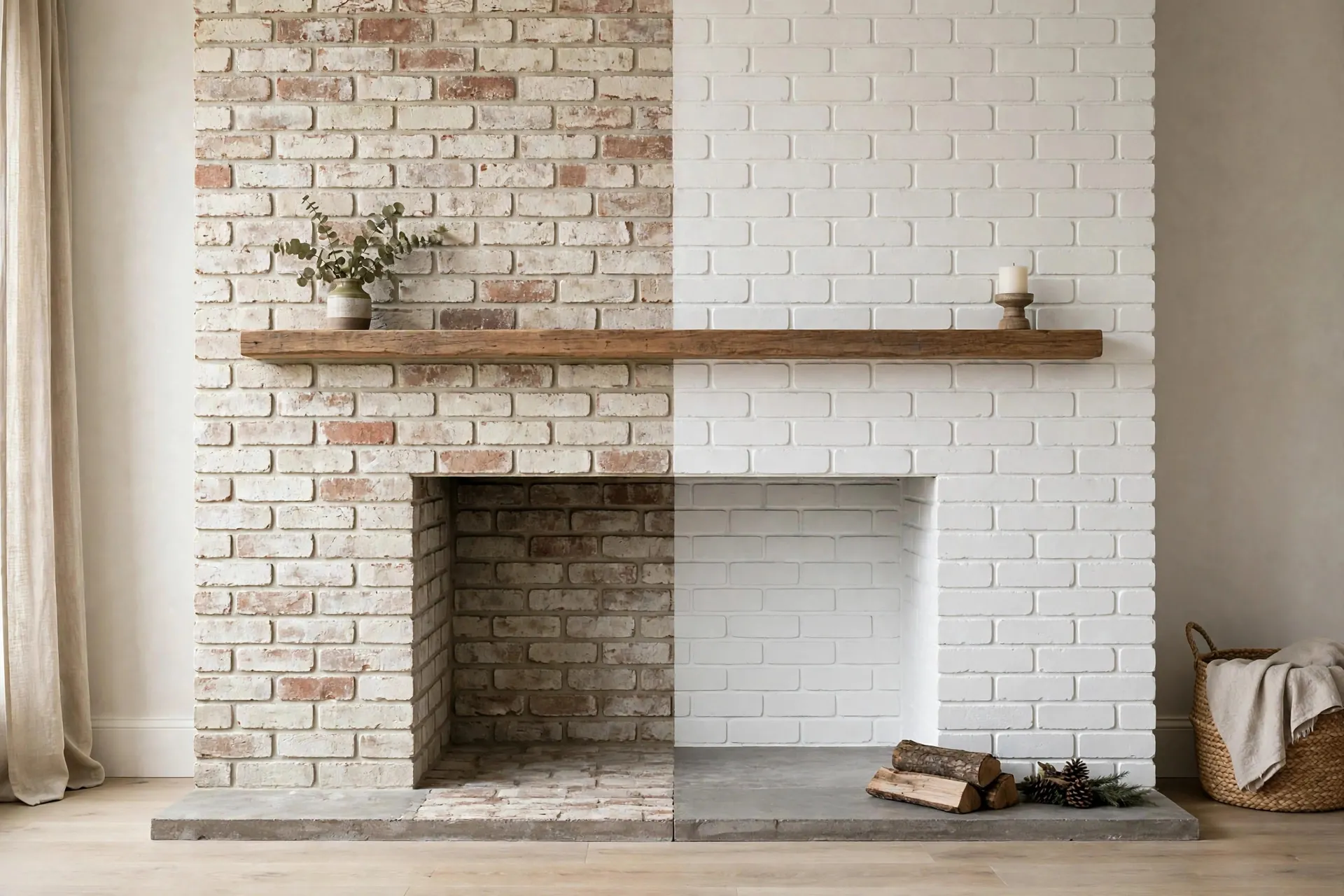 Brick fireplace split in half showing limewash on one side and whitewash on the other