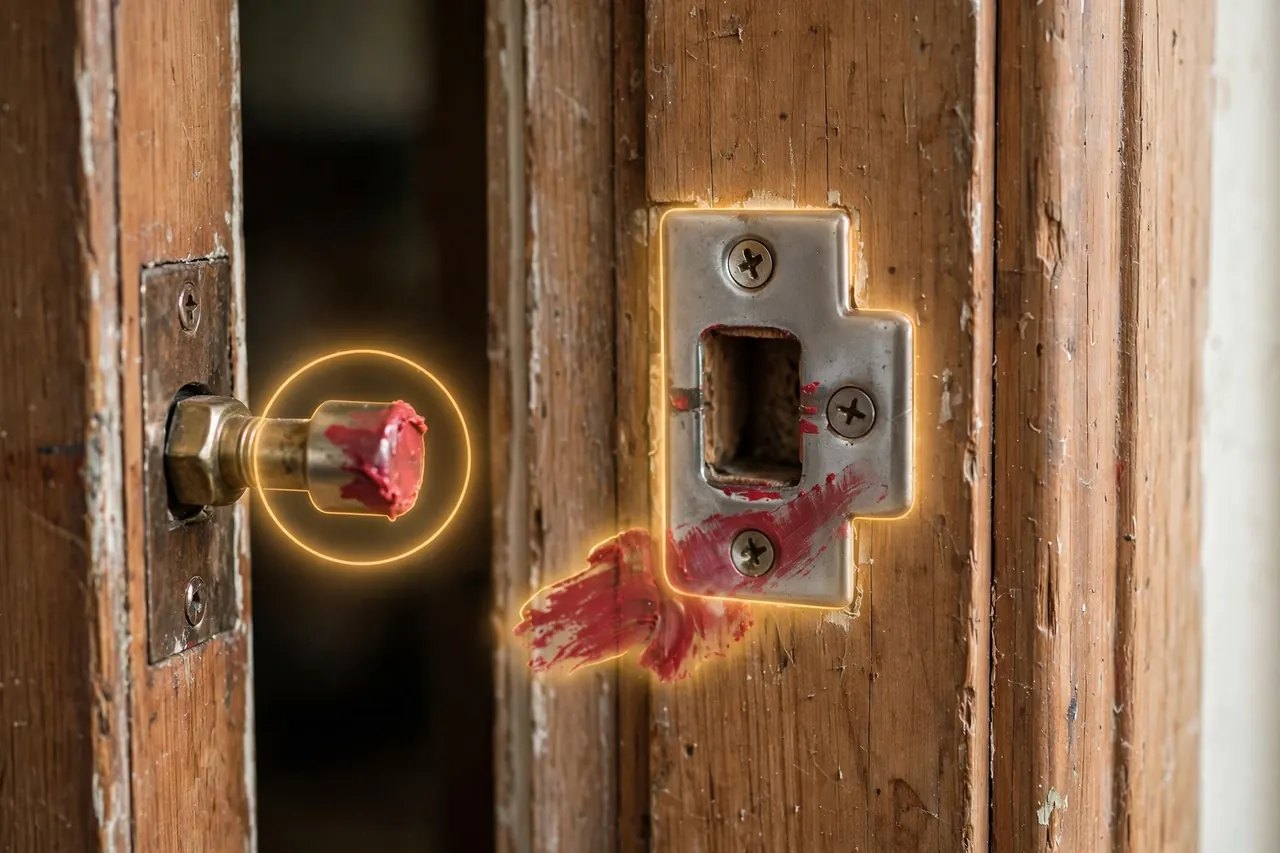Lipstick mark on a door jamb showing exactly where a deadbolt bolt strikes when it is misaligned with the strike plate