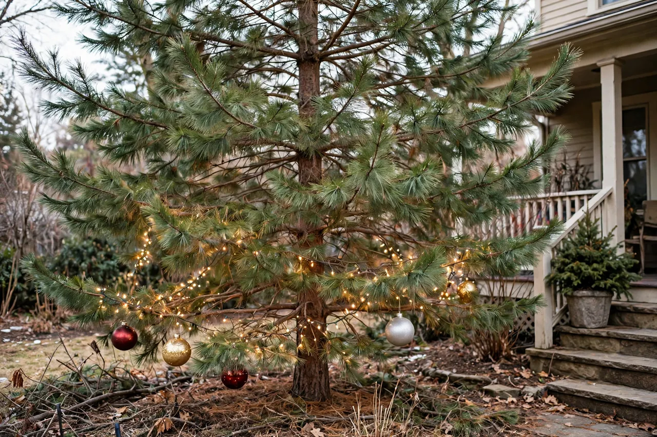 A living pine tree in a front yard with warm white lights and a few large ornaments on its lower branches only, the tall natural top left bare, with a potted evergreen beside the porch steps