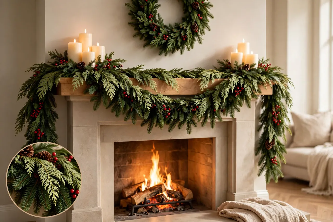 Layered fir and cedar garland with pinecones and red berries framing a fireplace mantel with candle clusters and a wreath above, with a close-up inset of layered branches