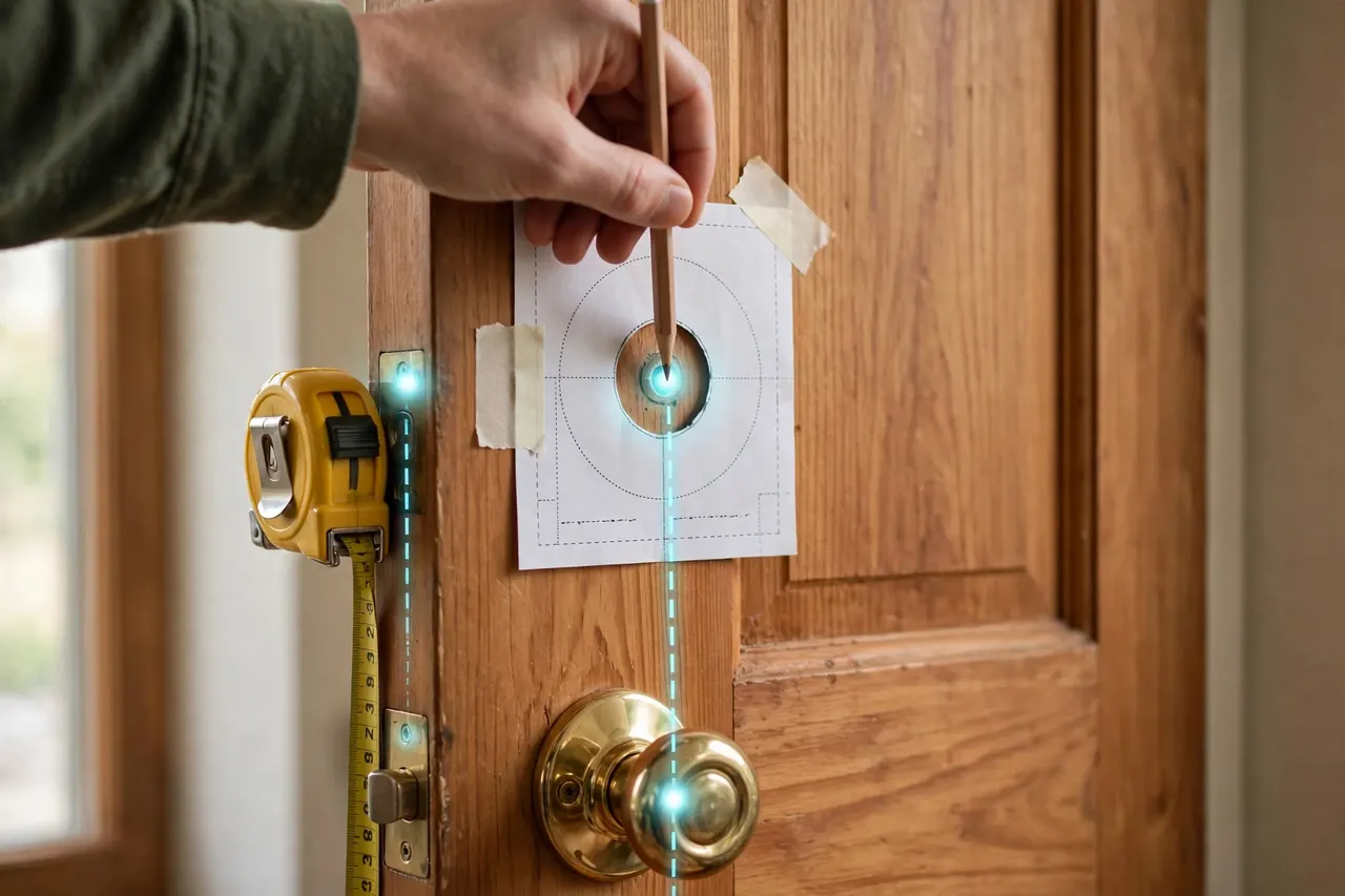 Paper deadbolt template taped to the inside face of a door, with the face-hole and edge-hole center points marked in pencil