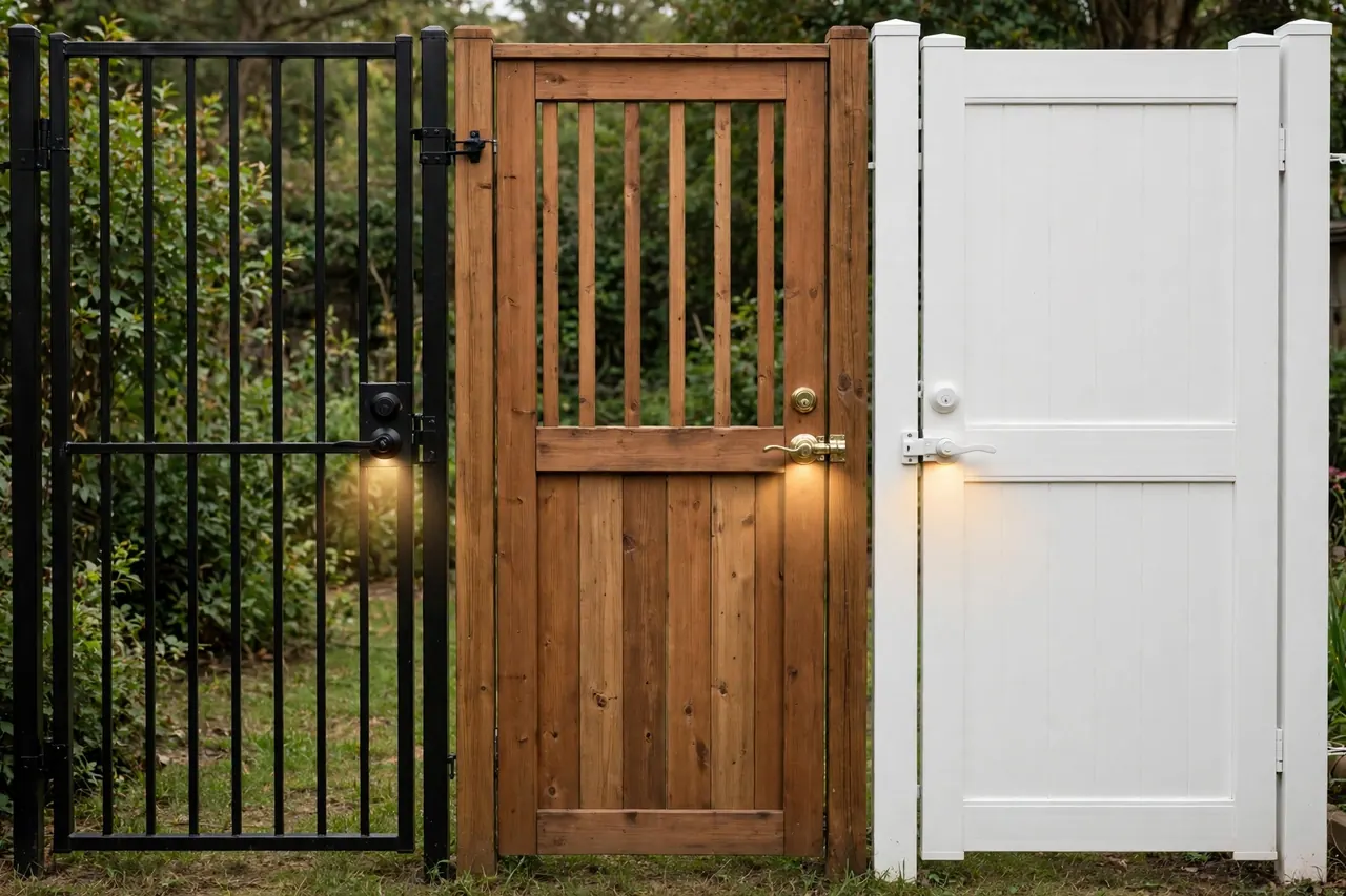 Three gates side by side, black metal, wood, and white vinyl, each with its lock glowing: the lock choice follows the gate material